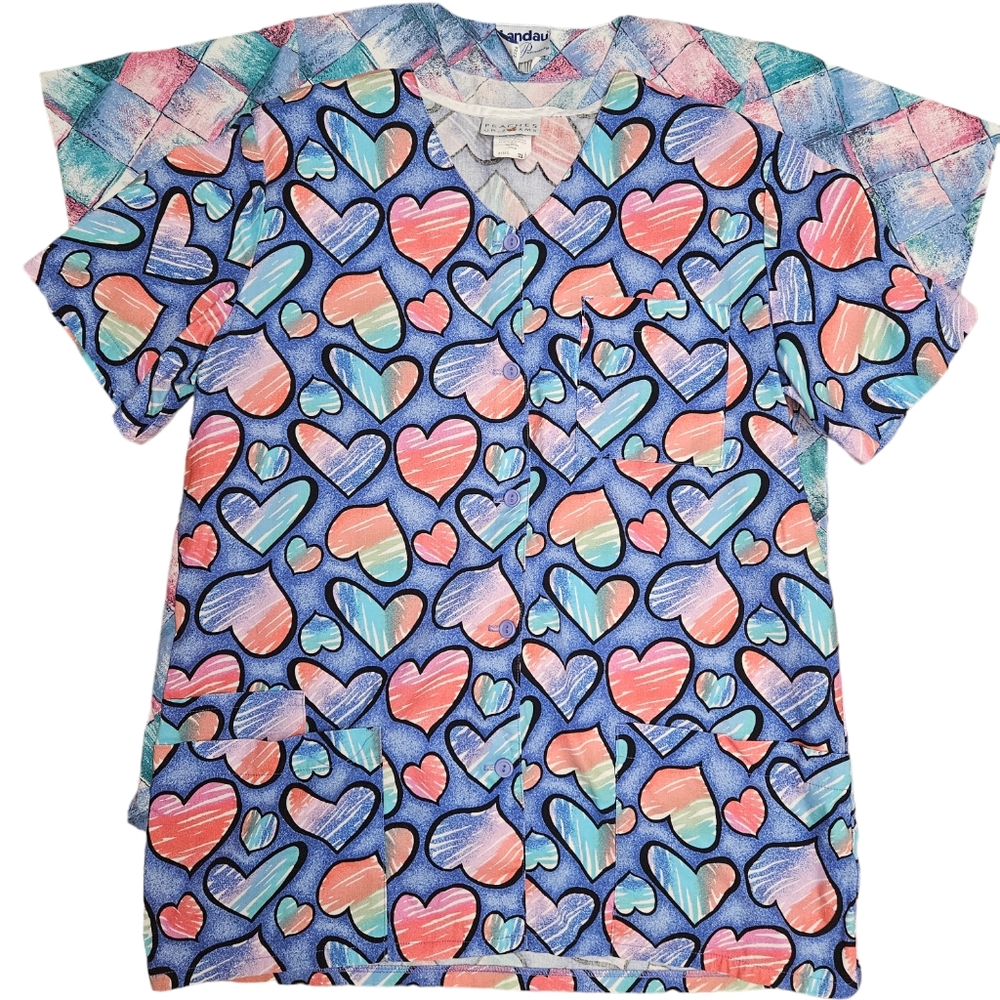 Smart Scrubs Heart Patterned Scrub Tops - Blue and Pink